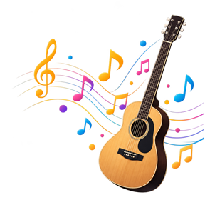 Colourful guitar and musical notes with transparent background